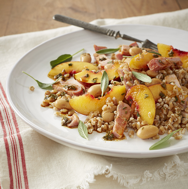 Pearled wheat salad with kassler, beans & fruit